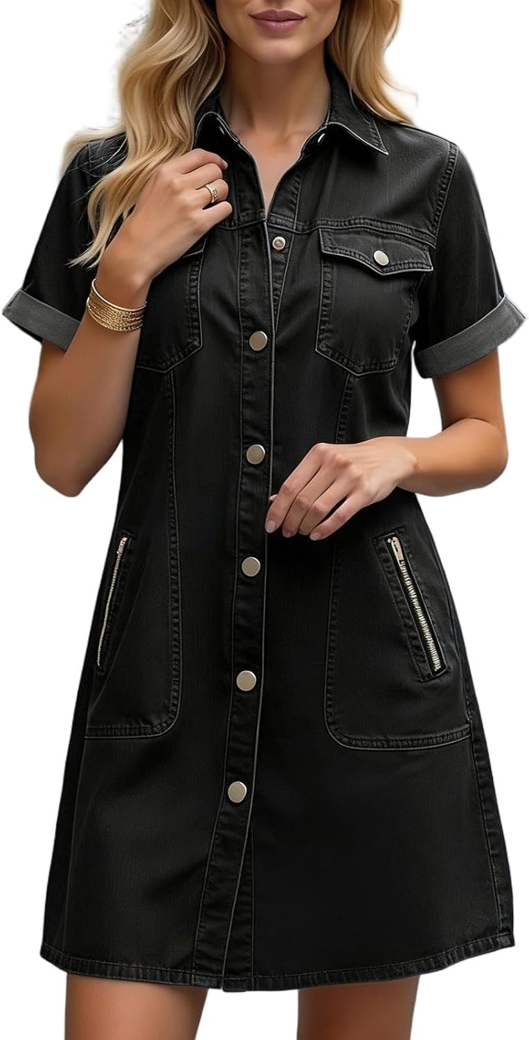 Denim Dress for Women Button Down Jean Dress Short Sleeve Casual 2026 Summer Jean Shirt Dresses with Pockets