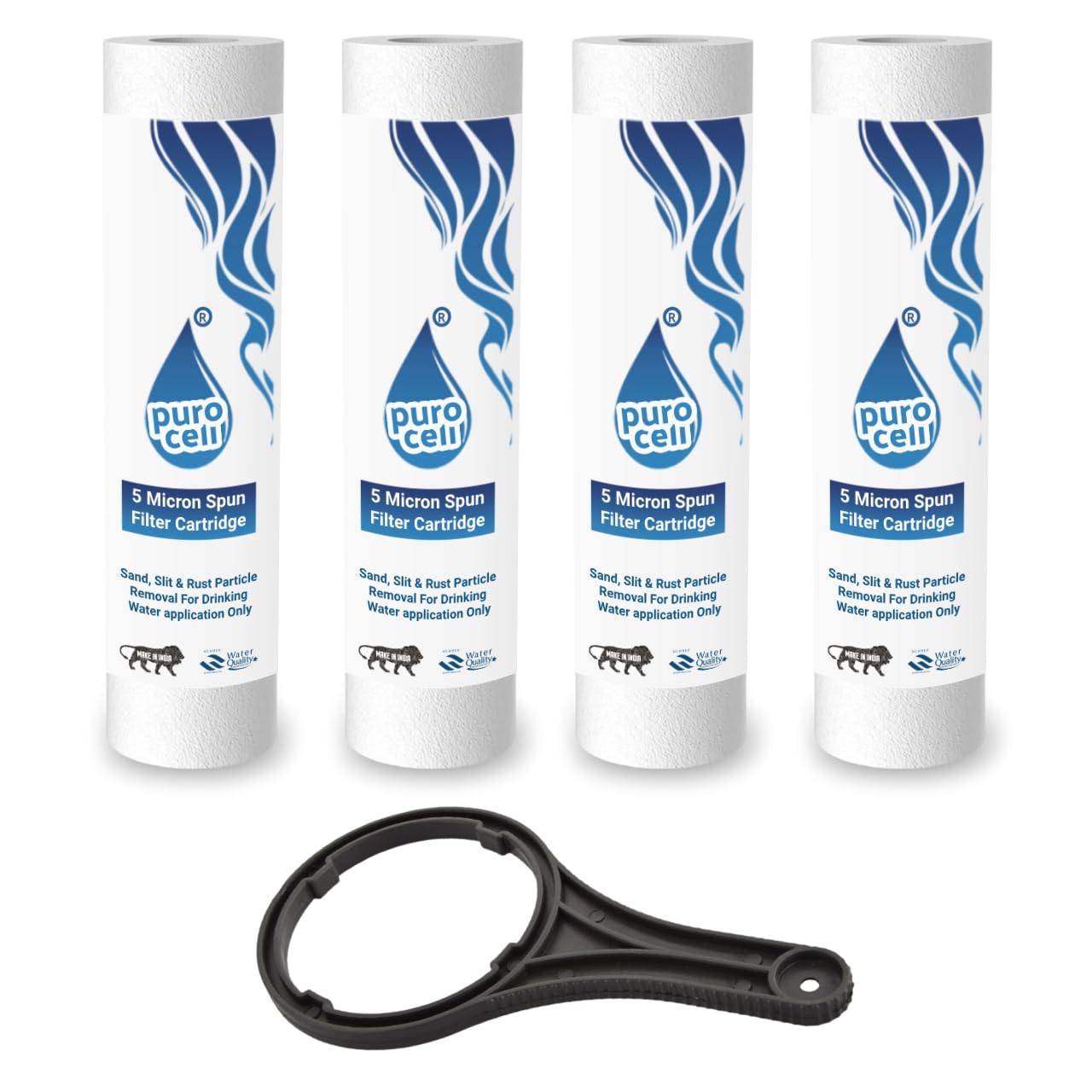 Purocell 4pcs Heavy Duty PP Spun Filter/Cartridge with Spanner for All Types of RO Water Purifier(10 Inch, 5 Micron) | RO Water Purifier Cartridge,RO Spun Filter Sponge Replacement Filter Candle