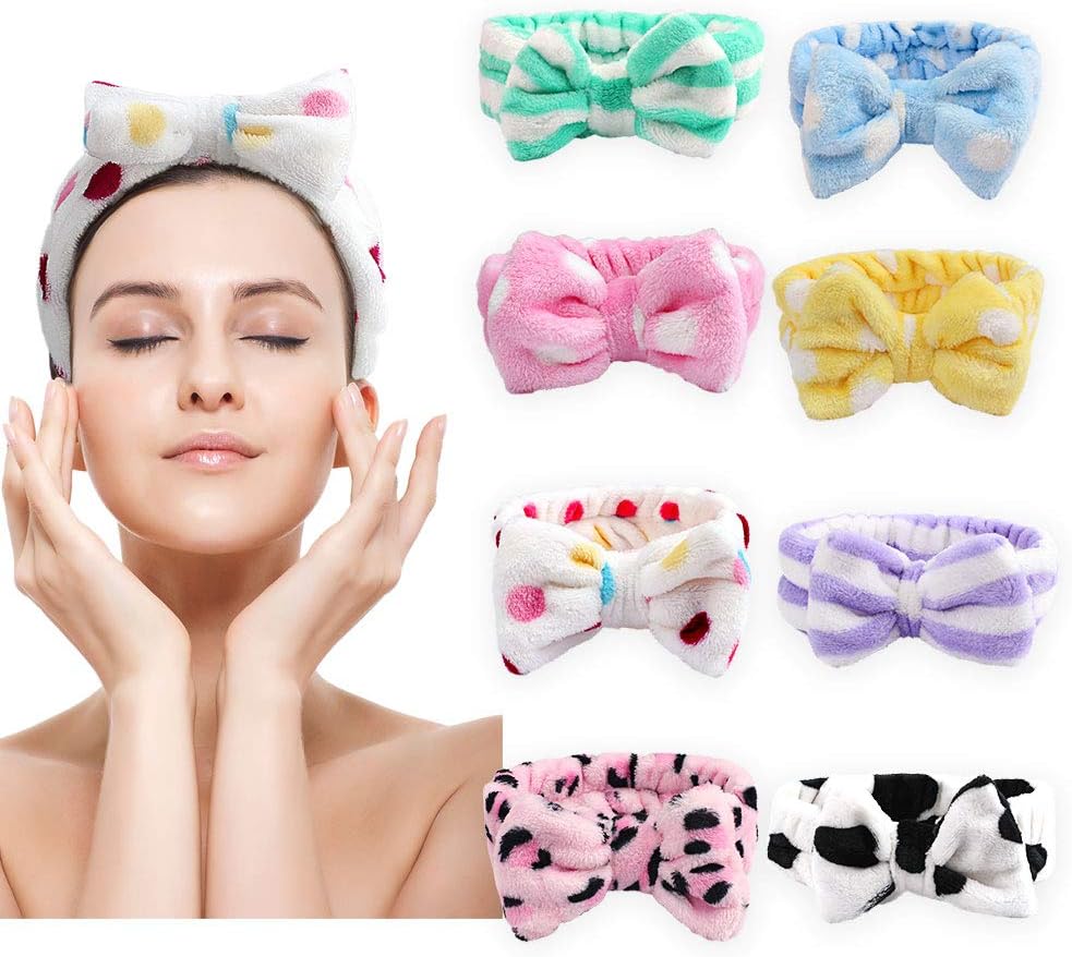 Cubaco Spa Headband Hair Wrap Spa Facial Headbands for Women 8 Pack Bow Hair Band Bow Spa Headbands for Washing Face Soft Carol Fleece Bowknot Makeup Shower Headbands Head Wraps Shower Spa Mask (t2)
