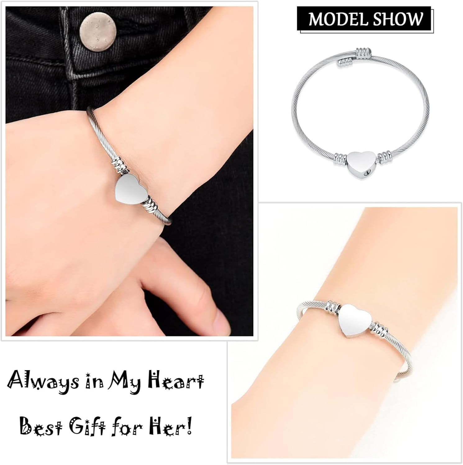zeqingjw Heart Urn Bracelet for Ashes for Women Stainless Steel Loved Ones Cremation Jewelry Human Pet Ashes Holder Keepsake Memorial Bangle - Image 8
