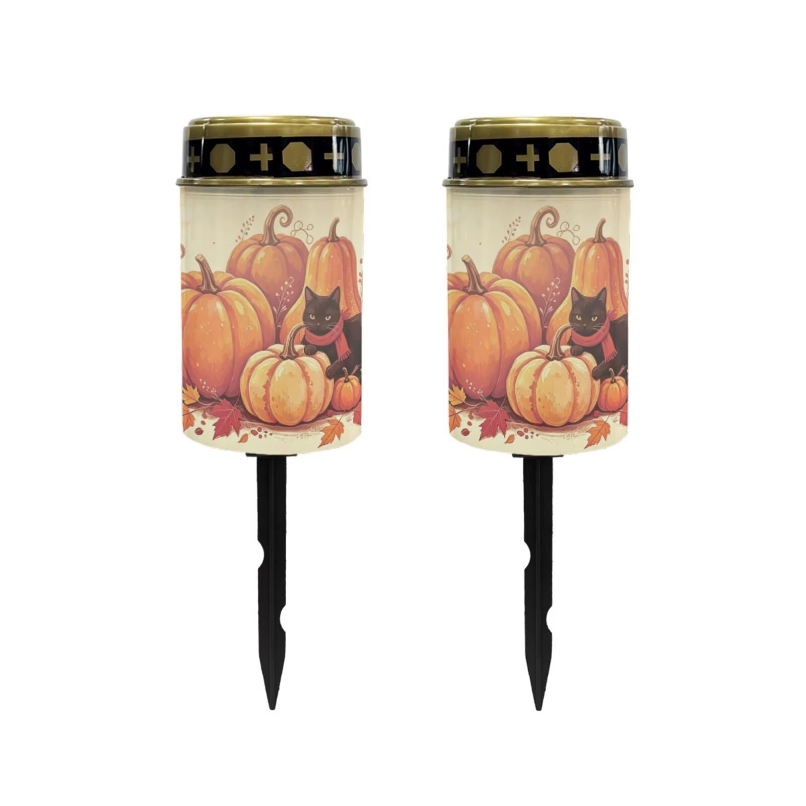 Poceacles Solar Candle Cemetery Solar Lights for Grave LED Garden Flameless Powered Pathway Lights for Halloween Party Decorations, Black Cat Pumpkin Autumn Leaf Print Beige, Pack of 2