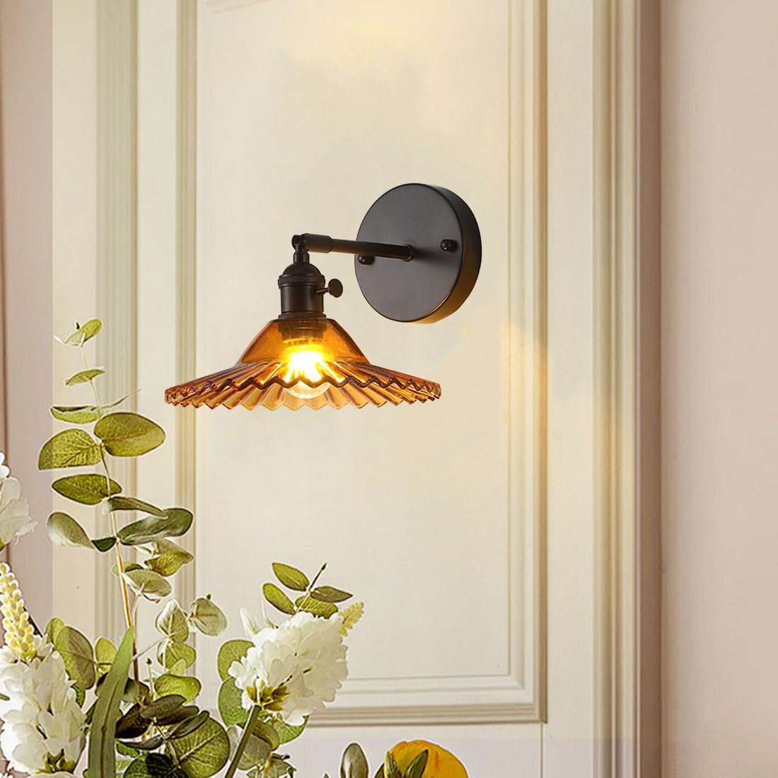 Applique da Parete Vintage, Lampada da Comodino Moderna con Paralume in Vetro, Stile retrò, Ideale per Camera da Letto, Soggiorno, Veranda, Ingresso e Sala da Pranzo (Ambra)