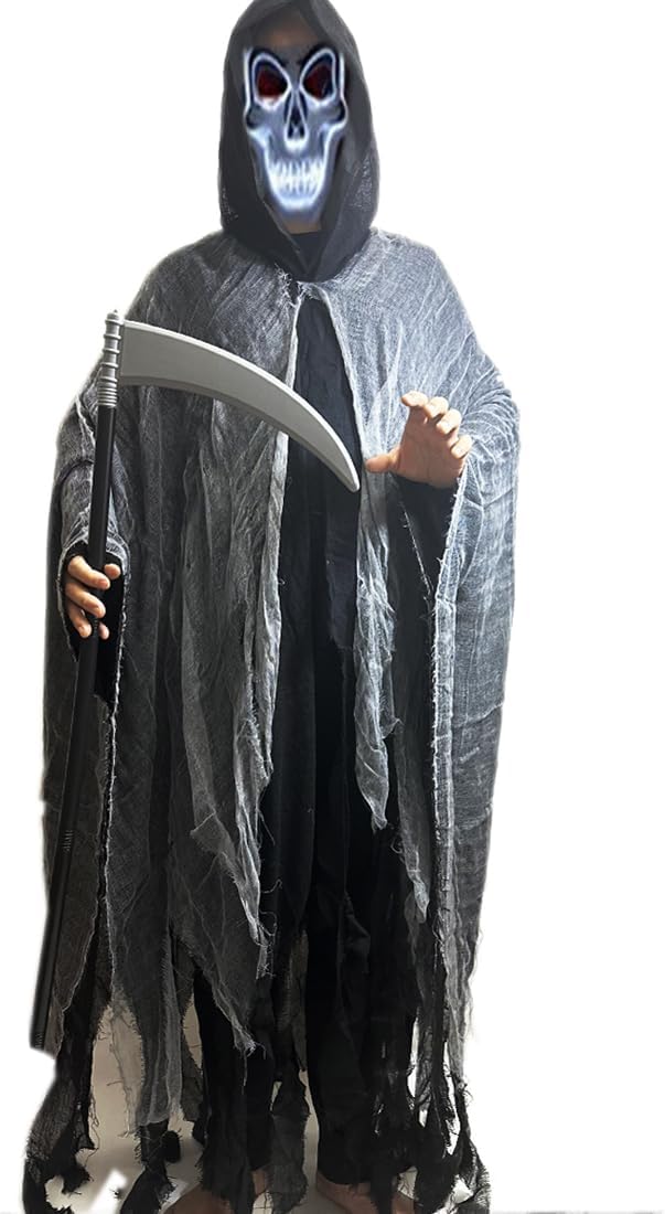 Halloween Loose Hooded Mesh Cloak with Sickle Vampire Wizard Cape Grim Devil Reaper Robe Adult Teens Role Play Costume