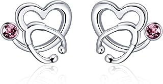 Nurse Earrings 925 Sterling Silver Stethoscope Studs Earrings Simulated 12 Months Birthstone Crystal from Austria, Graduation Jewelry Gifts for Nurse Doctor RN Medical Student