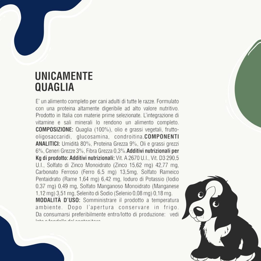 Umido Unipro Cane Unicamente Quaglia, alimento completo monoproteico per cani adulti di tutte le taglie e razze | 12 vaschette da 150 grammi l’una, 12x150gr.