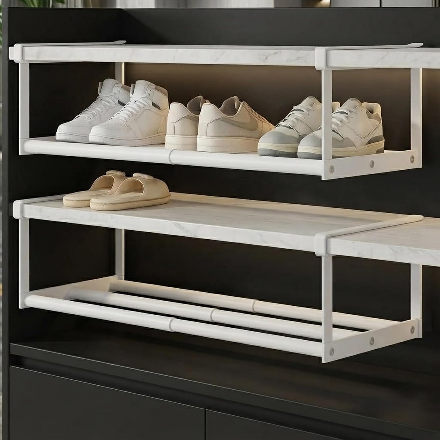 2 Adjustable Shoe Rack, No-Drill Expandable Under Shelf Storage for Closet