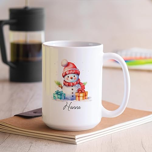 Miniatura 4 de Taza de café personalizada con diseño de muñeco de nieve, taza de té de cerámica blanca de 11 onzas y 15 onzas, taza de cerámica de muñeco de nieve