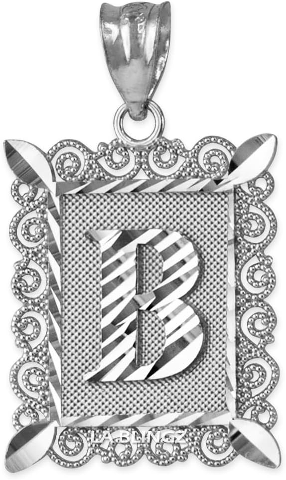 LA BLINGZ Sterling Silver Filigree Alphabet Letter 'B' Initial Personalized Charm Pendant (S/M/L)