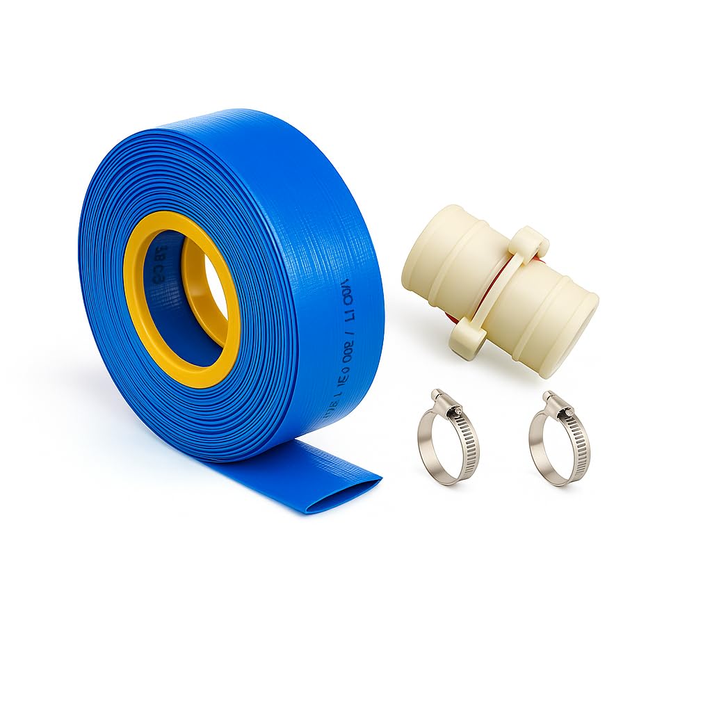 Manguera plana para descarga de agua, riego, pisicna y bombas de achique con accesorios de PVC y abrazaderas. (32mm T50m)