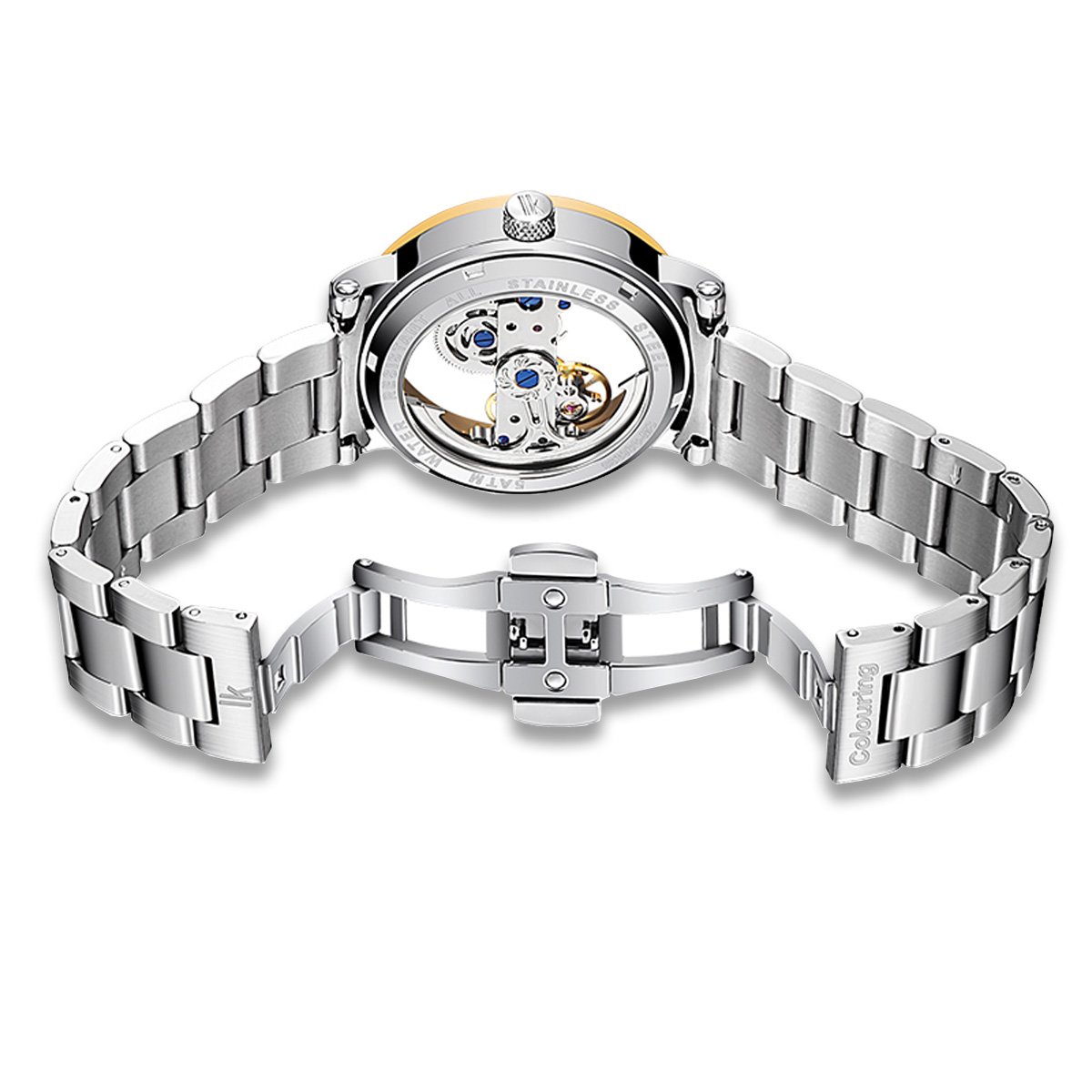 Alienwork IK Automatikuhr Armbanduhr Herren Damen Silber Edelstahl Metallarmband Skelett Glasboden