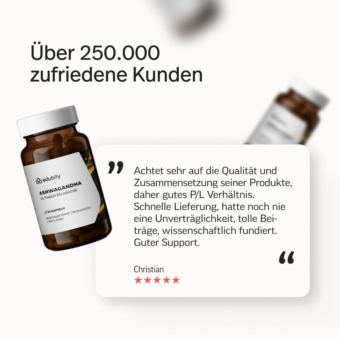 edubily® Ashwagandha-Extrakt - Mit 500 mg Extrakt pro Kapsel - Markenrohstoff KSM-66® mit 25 mg Withanoliden (60 Kapseln)