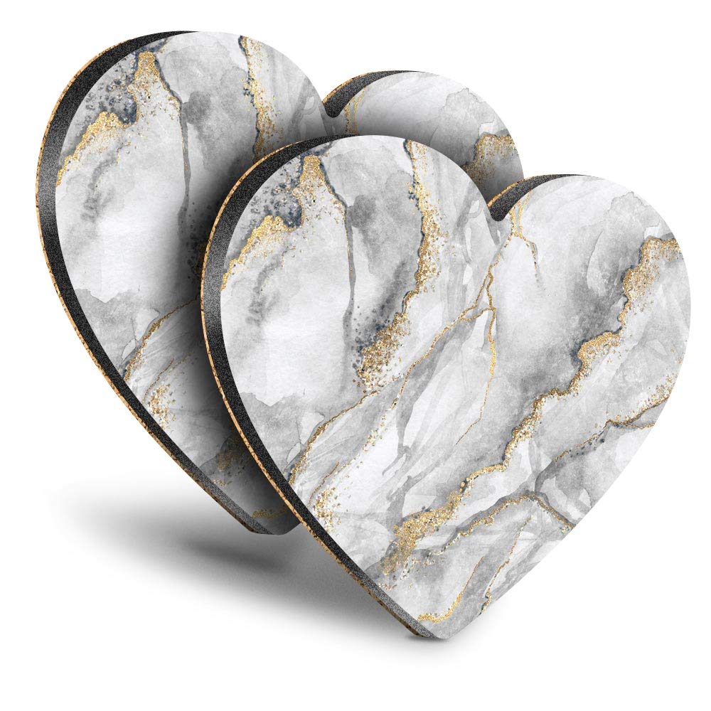 Destination Vinyl ltd Great Coasters (Set of 2) Heart - Grey White Gold Marble Effect Pattern Drink Glossy Coasters/Tabletop Protection for Any Table Type #24432
