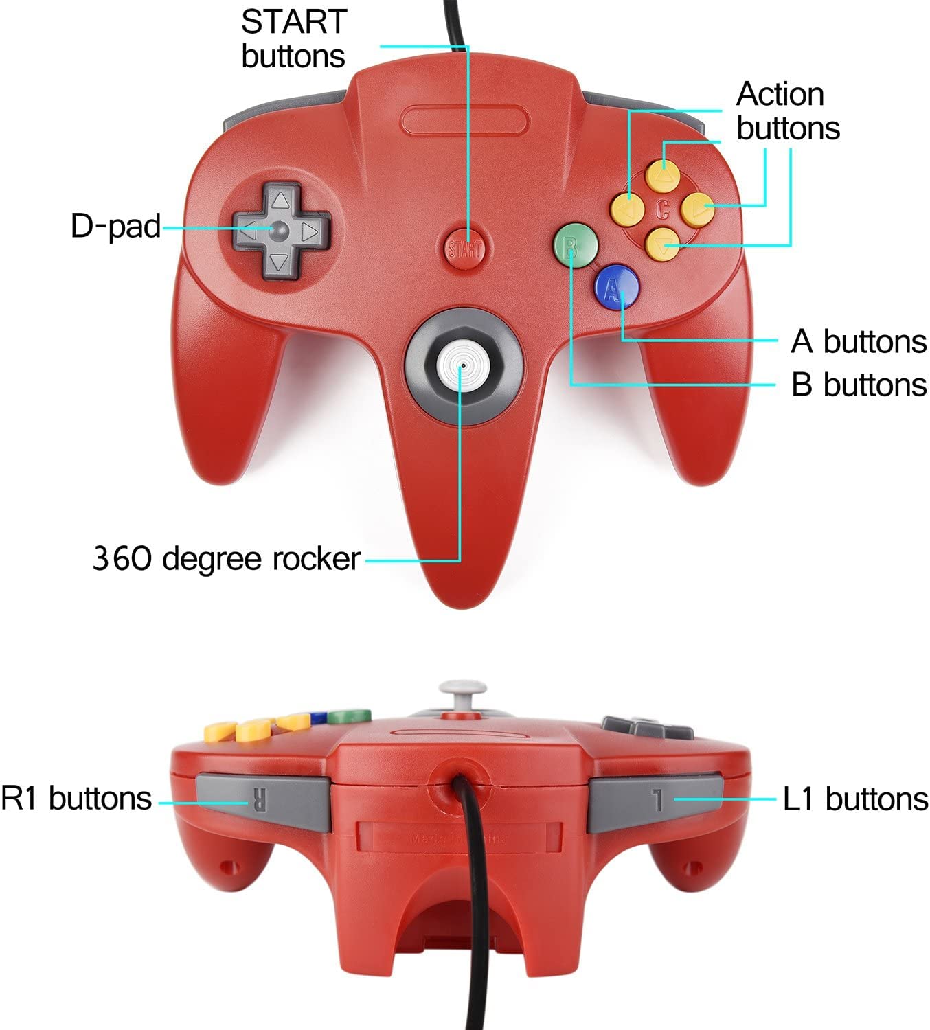 XINHONGRY 2 Pack N64 Controller, Classic Retro Wired N64 64 Bit Gamepad Joystick for Ultra 64 Video Game Console N64 System (Blue+Red