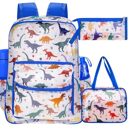 Image of Silkfly 3 Pcs Mesh Backpack Set, Heavy Duty Semi-transparent Bookbag with Lunch Bag Pencil Case for Travel, Beach, Sports