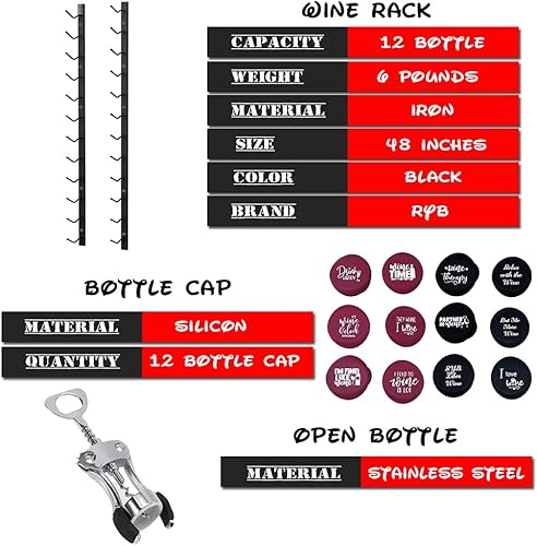 Miniatura 3 de Generic RYB - Estante de vino montado en la pared para 12 botellas, estante de vino de metal montado en la pared, estante vertical para vino