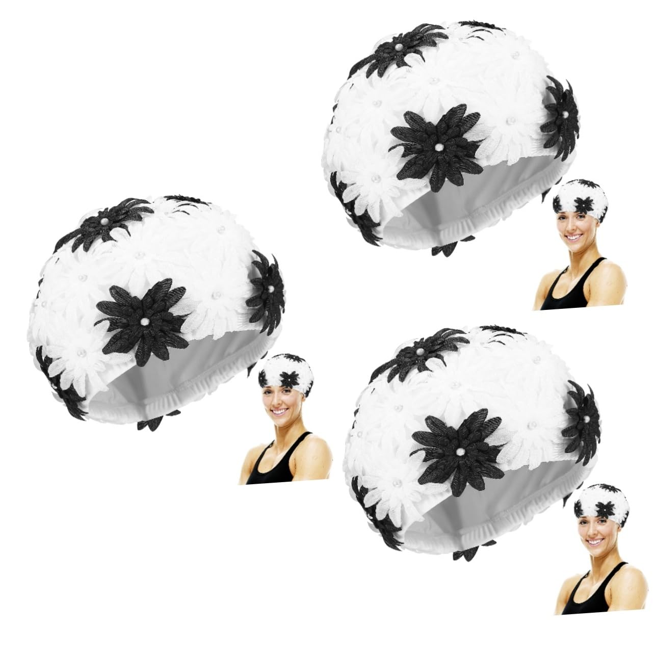 BESTonZON Gorro de Natación Doble Capa para Mujeres con Diseño de Flor de Perlas Gorro y Transpirable para Actividades Rafting y Natación