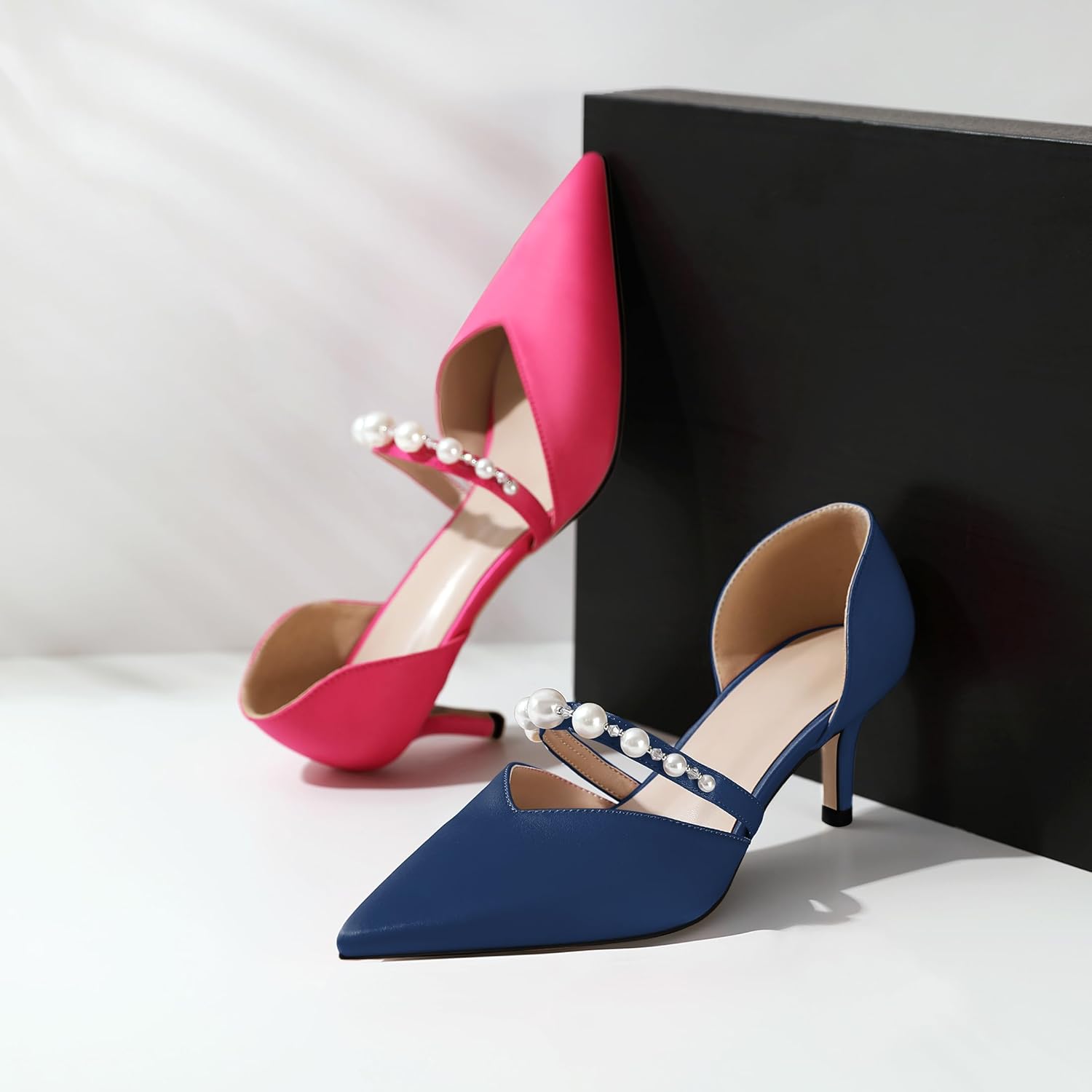 Joseywade Low Heels for Women Kitten Heels Pumps Pearl Strappy Closed Pointed Toe Slip-on 2.5 Inch Wedding Bridal Brides D'Orsay Dress Shoes