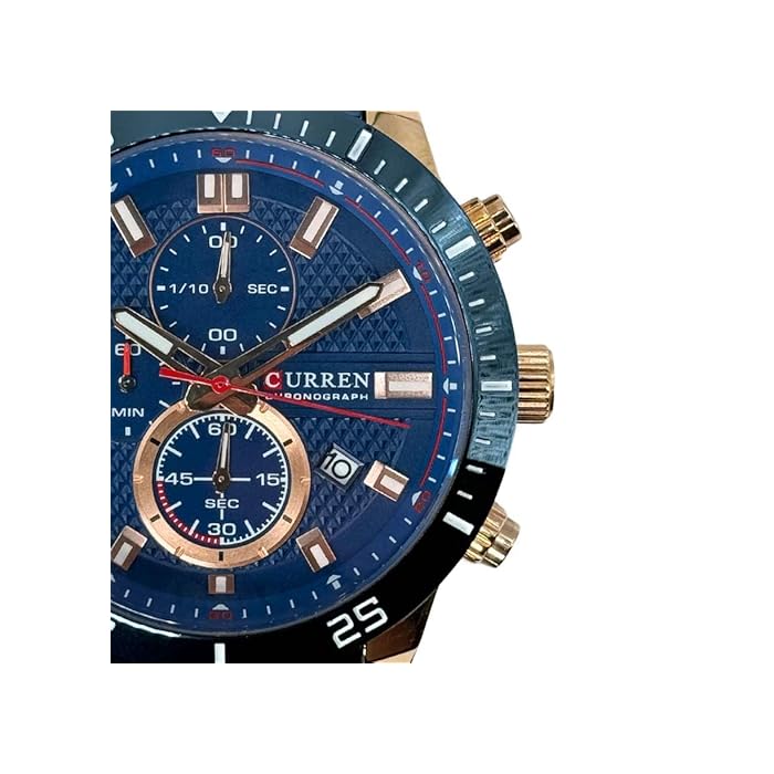 CURREN 8417. Reloj de Cuarzo para Hombre con Correa de Acero Inoxidable Azul y Esfera Azul con Detalles en Rojo, Blanco y Oro Rosa. Tiene función de Calendario y cronómetro. - Imagen 3