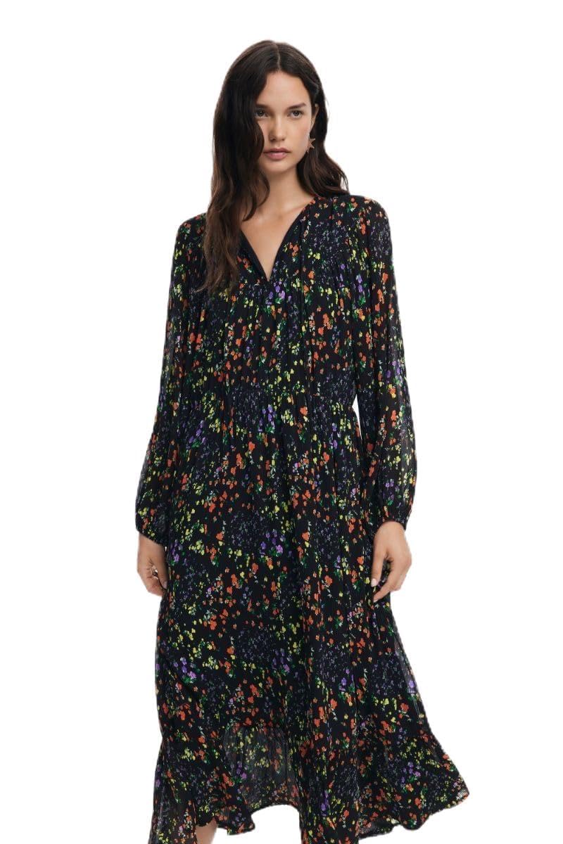 Desigual Damen Schwarz Midikleid Mit Blumenmuster, Polyester, L