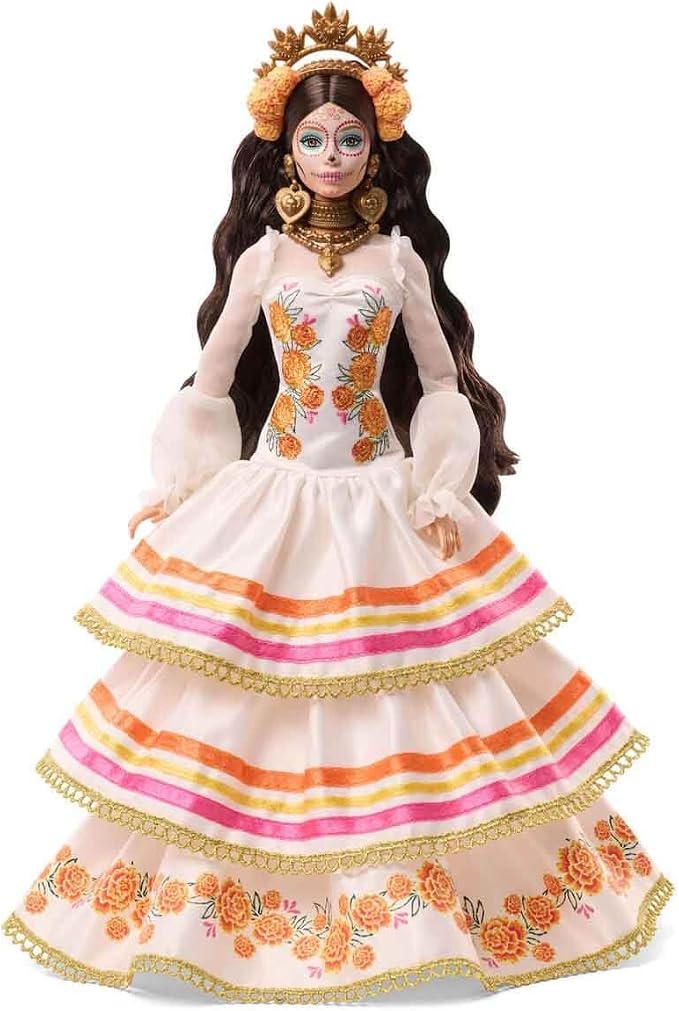 Muñeca Barbie Día De Muertos 2025 vestido crema y marigolds miniatura 4