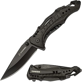USMC - Spring Assisted Open Folding Knife - Black Steel Blade w Marking, Black Aluminum Handle w/Carbon Fiber Pattern, Bottle Opener, Carabiner, Screwdriver and Pocket Clip - M-A705G2CF