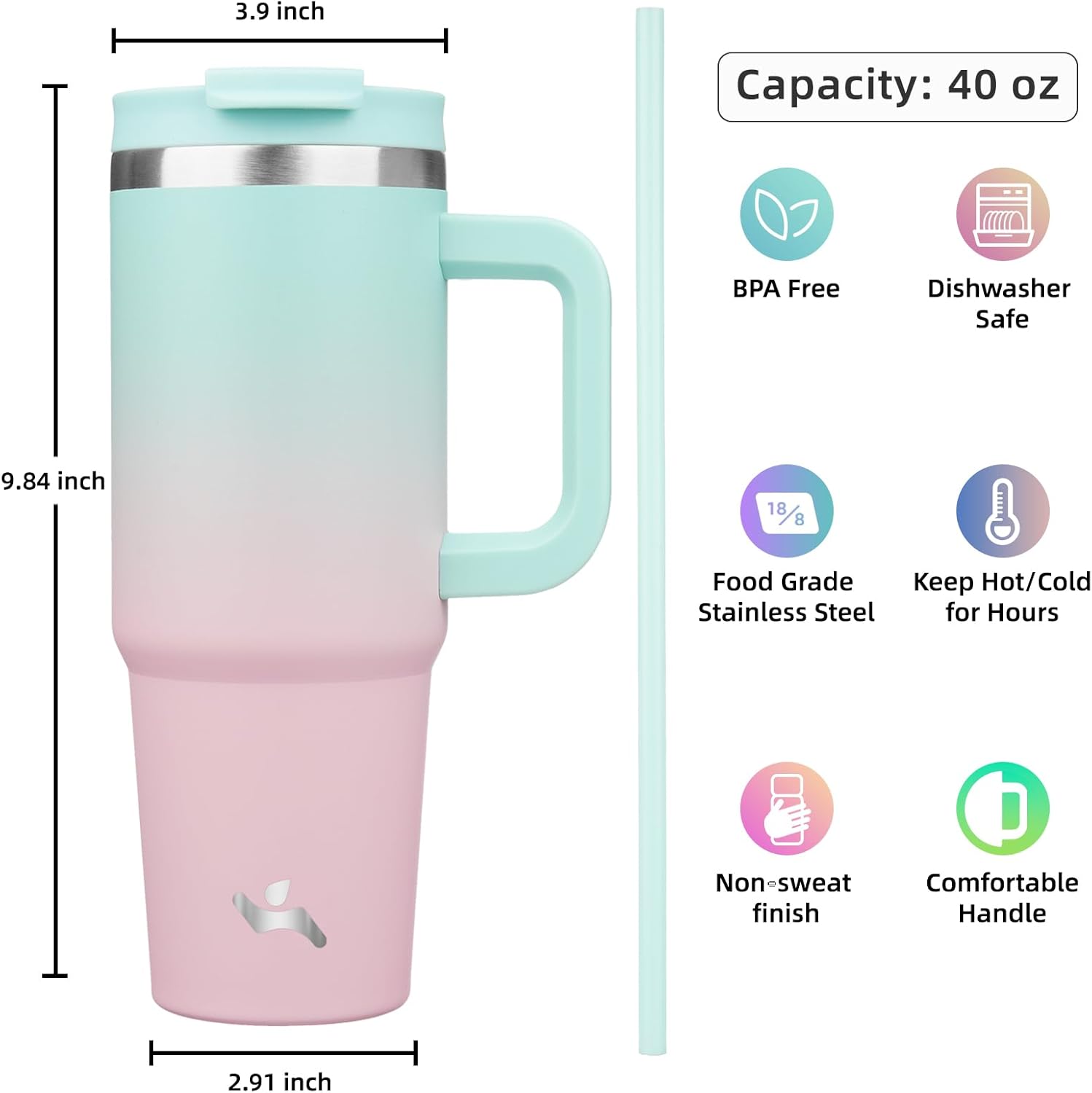 40 oz Tumbler with Handle and 2 Straws,2 in 1 Lid Insulated Water Bottle Stainless Steel Travel Coffee Mug,Gum - Image 4