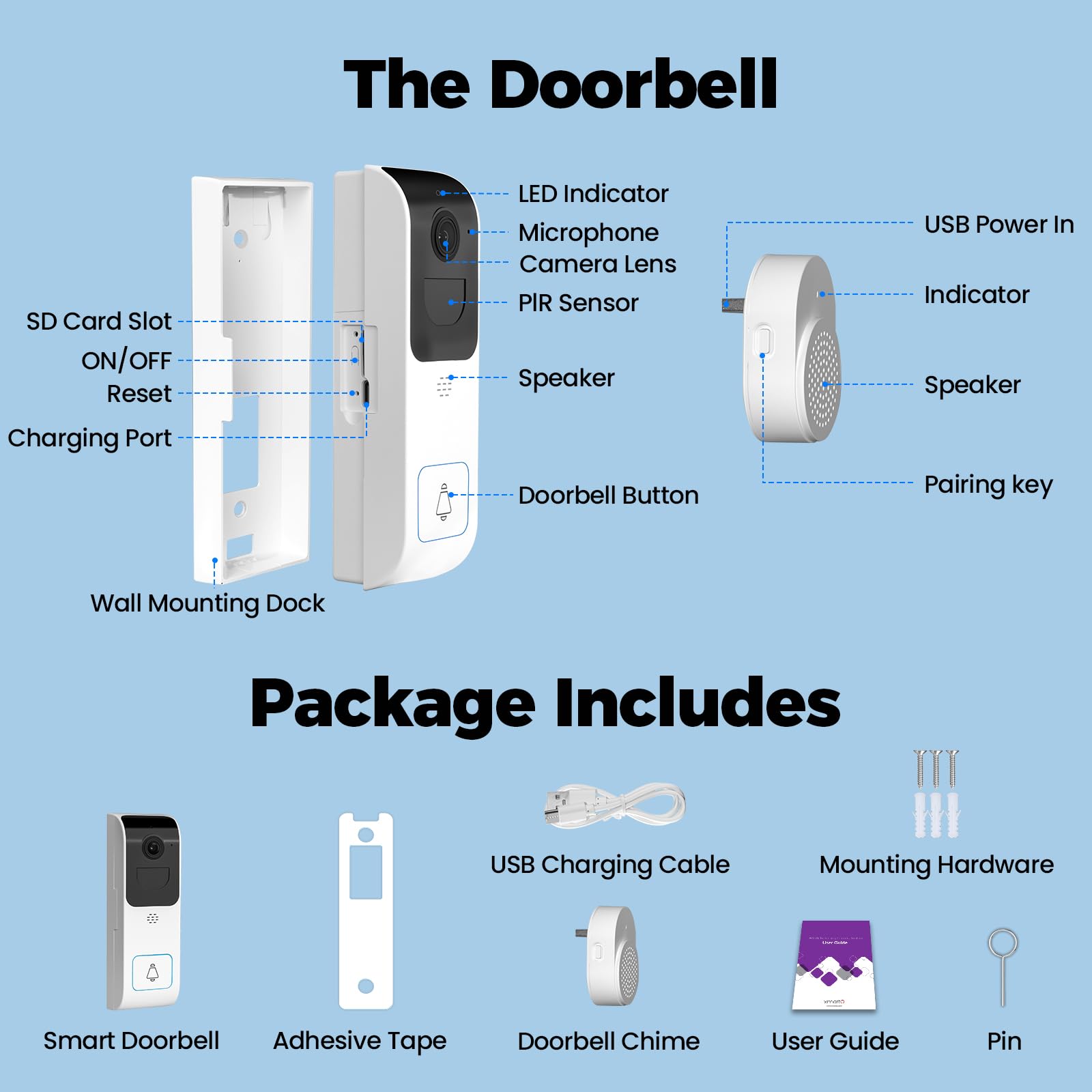 XMARTO Campanello video intelligente wireless 2.4G/5G per la sicurezza domestica, sorveglianza Live View con audio a 2 vie, rilevamento e avvisi di movimento/AI, installazione facile, nessun canone
