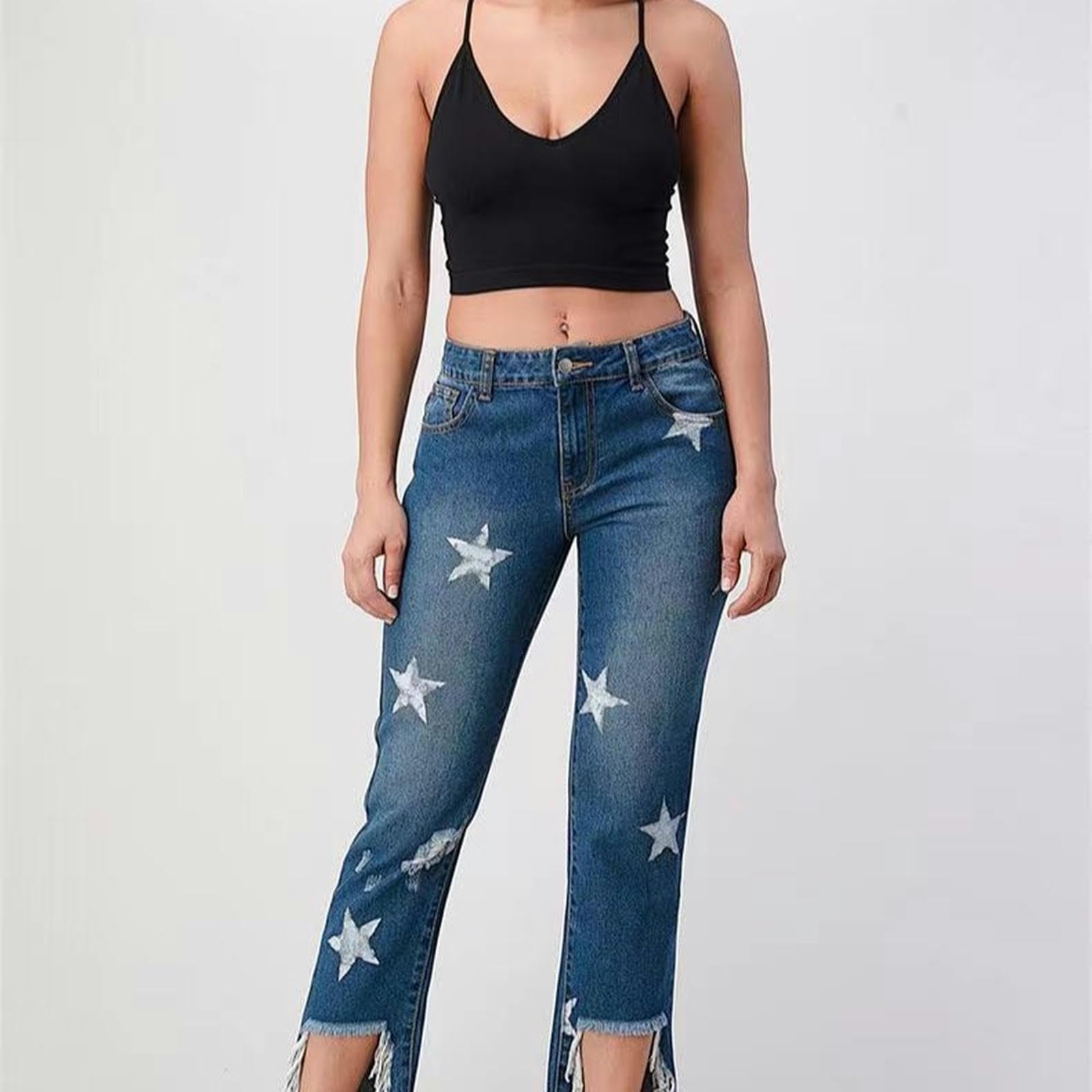 Jeans a Vita Alta con Stampa Stelle da donna-Blu-2XL
