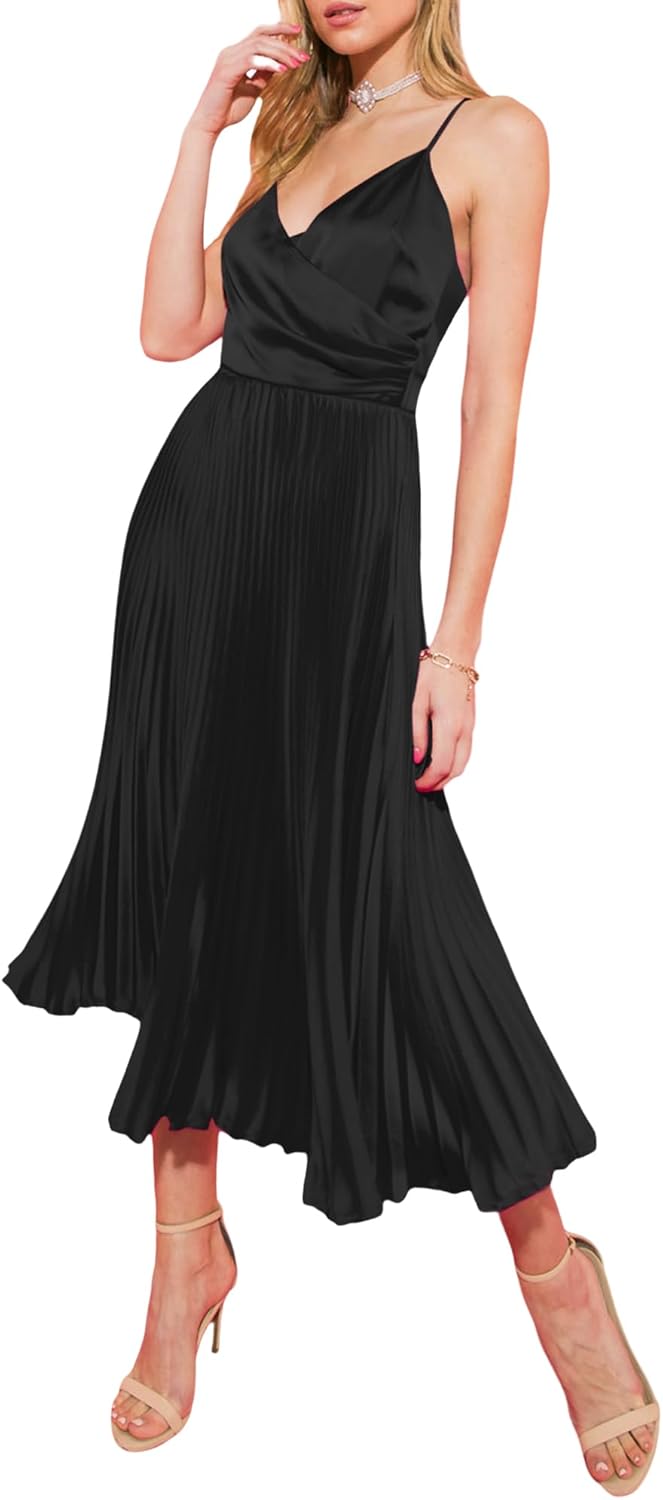 ZAFUL - Brandclub - ZAFUL Womens Satin Sexy Backless Wrap V Neck Sleeveless Spaghetti Strap Pleated Flowy Party Midi Dress ZAFUL - Brandclub - ZAFUL Womens Satin Sexy Backless Wrap V Neck Sleeveless Spaghetti Strap Pleated Flowy Party Midi Dress
