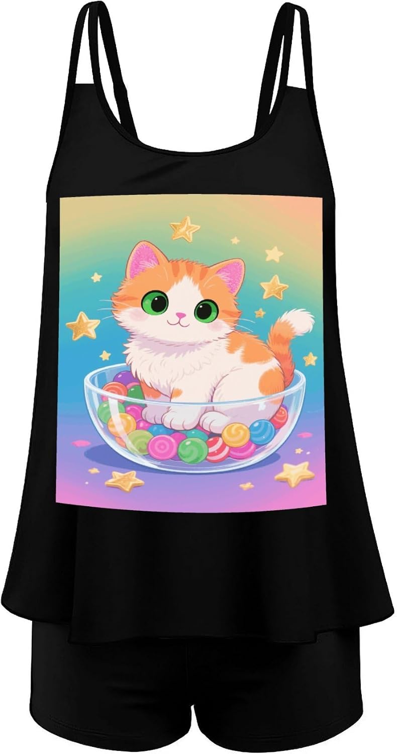 Lovely Kitten Tankini Swimsuits for Women Tummy Control Two Piece Bathing Suits Swim Tops with Boy Shorts