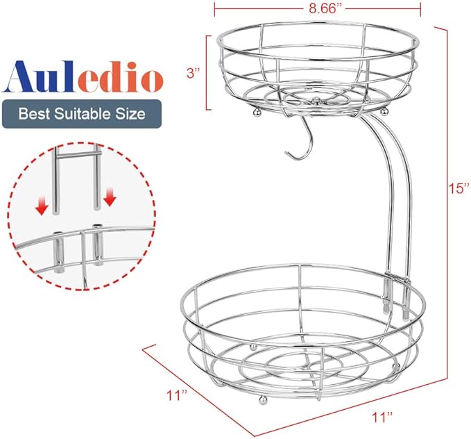 Auledio 2-Tier Countertop Fruit Vegetables Basket Bowl Storage With Banana Hanger,Chrome