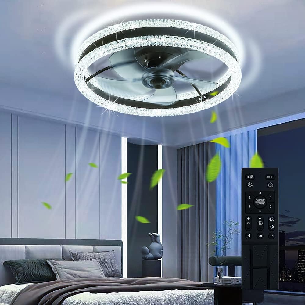 MUMENG Ceiling Fan Light 20.5inch, 2 Circles Acrylic LED Light Ceiling Fan Light with Remote Control, 5 Blades, 6-Speed Ceiling Fan Light Dimmable, Suitable for Bedroom, Children's Room, Living Room…