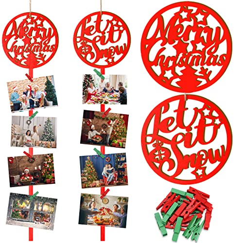 Queekay 2 Pieces Christmas Card Holders Xmas Hanging Photo Display Let It Snow Picture Holders Merry Christmas Wooden Photo Holder with 20 Pieces Red Green Clips for Home Wall Door Window Decoration