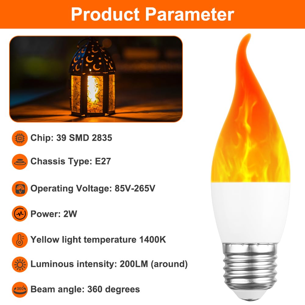 AUAUY Set van 2 led-lampen met vlameffect, 3 W, E27, 1400 K, 3 modi binnen en buiten