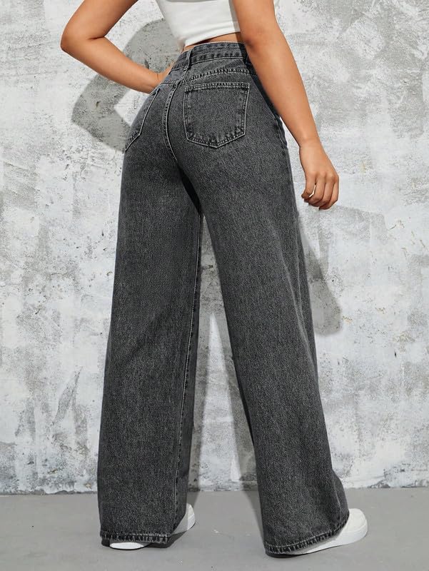 Image of DEELMO Women's High Waist Wide Leg Denim Jeans for Women | Straight Fit Full Length Casual Wear Pants