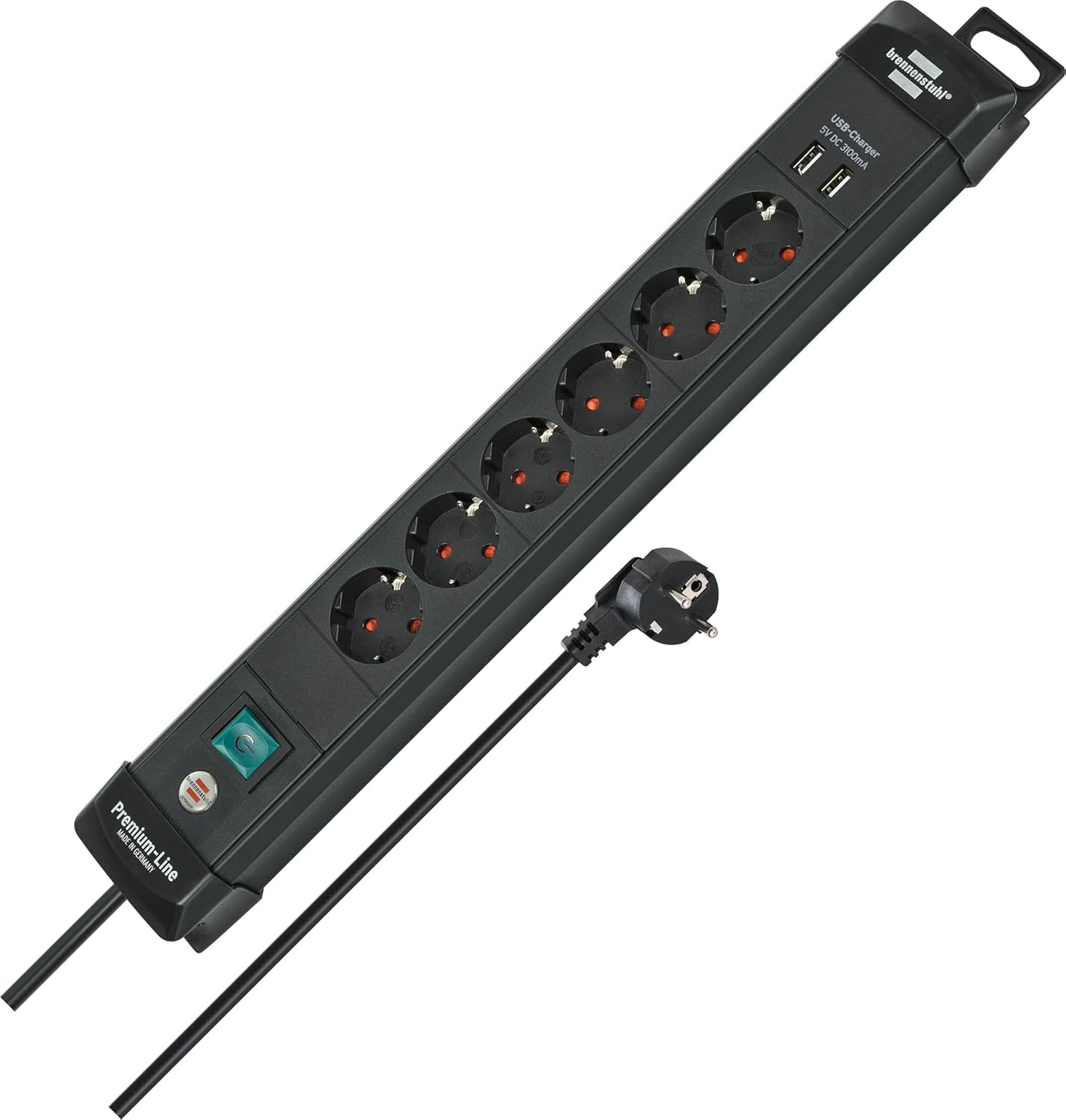 Brennenstuhl Premium-Line Power Strip 6-fold (Extension Lead with 3m Cable and Switch, with Hanging Device, 2-fold USB 3.1 A, mountable, Made in Germany) Black