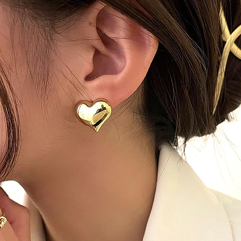 Chunky Heart Stud Statement Earrings for Women 14K Gold Personalized Puffy Love Dangle Earrings Exquisite Unique Heart Metal Earrings Charm Jewelry