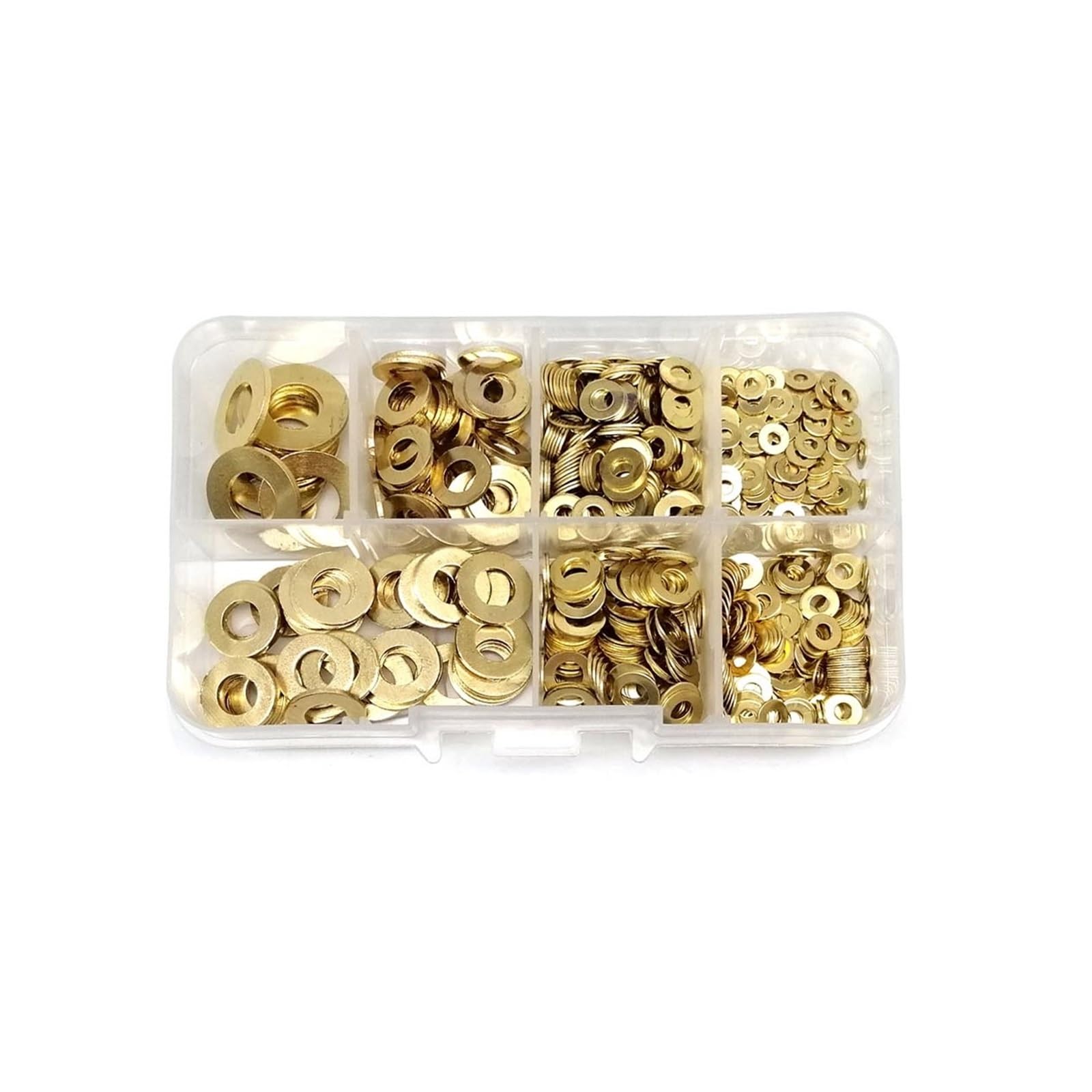 Kit surtido de arandelas planas, 1 caja de mezcla M1.6 M2 .5 M3 M4 M5 M6 M8 M10 M12M16 Kit surtido de arandelas planas de acero inoxidable (700 piezas de latón)