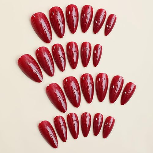 Miniatura 3 de Uñas a presión de color sólido (rojo) almendra media brillante, 24 piezas, regalo para mujeres y niñas de QQPPOLIU