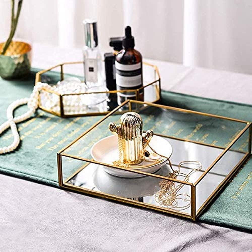 ARTINCO Art India Collections Square Brass Glass Mirror Tray, Multiutility Purpose - Jewelry Organizer, Decorative Accent, Jewelry Tray 6x6x1.5