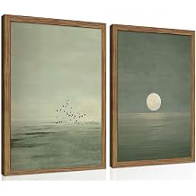 Framed Japanese Zen Wall Art Set of 2, Minimalist Sage Green Flying Duck Canvas Wall Decor Paintings, Modern Sunset Landscape Artwork Prints Picture for Living Room Bedroom Bathroom 12x16 Inch