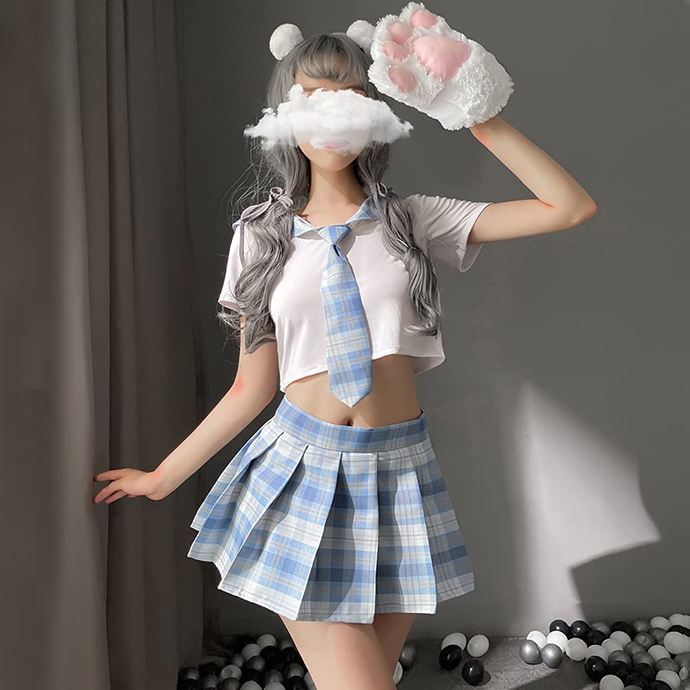Schoolgirl Outfits Japanese Plaid Pleated Skirt JK Uniform Cosplay Lingerie: 7039white Blue