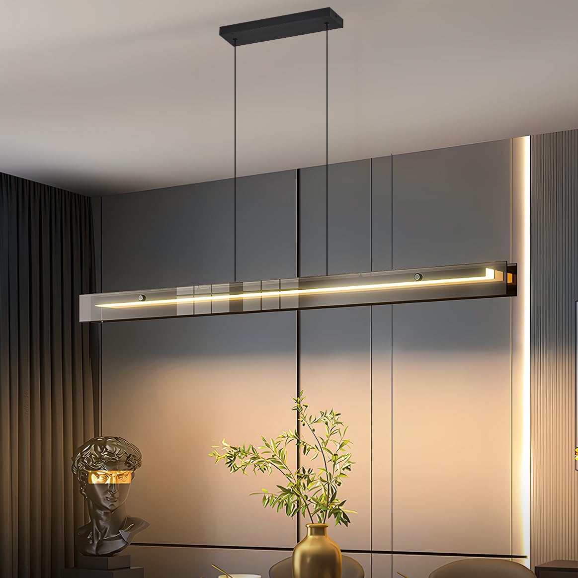 Glass Modern Black Linear Pendant Light - LED Hanging Kitchen Island Lights, Adjustable Dimmable Ceiling Fixtures, Minimalist Chandelier for Dining Room, Bar (51.1")