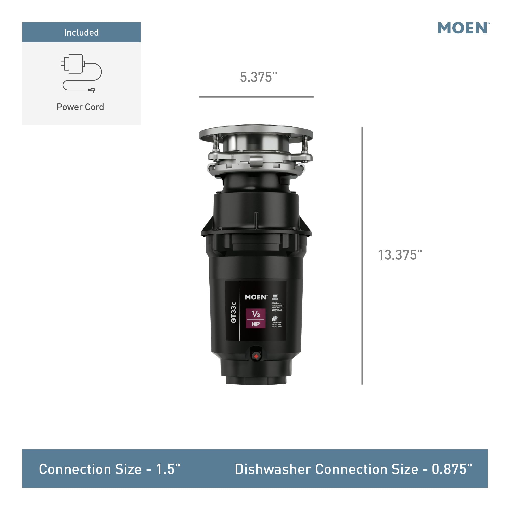 Moen GT33C Lite Series - Triturador de basura de alimentación continua de 1/3 caballos de fuerza con tecnología Fast Track, cable de alimentación incluido