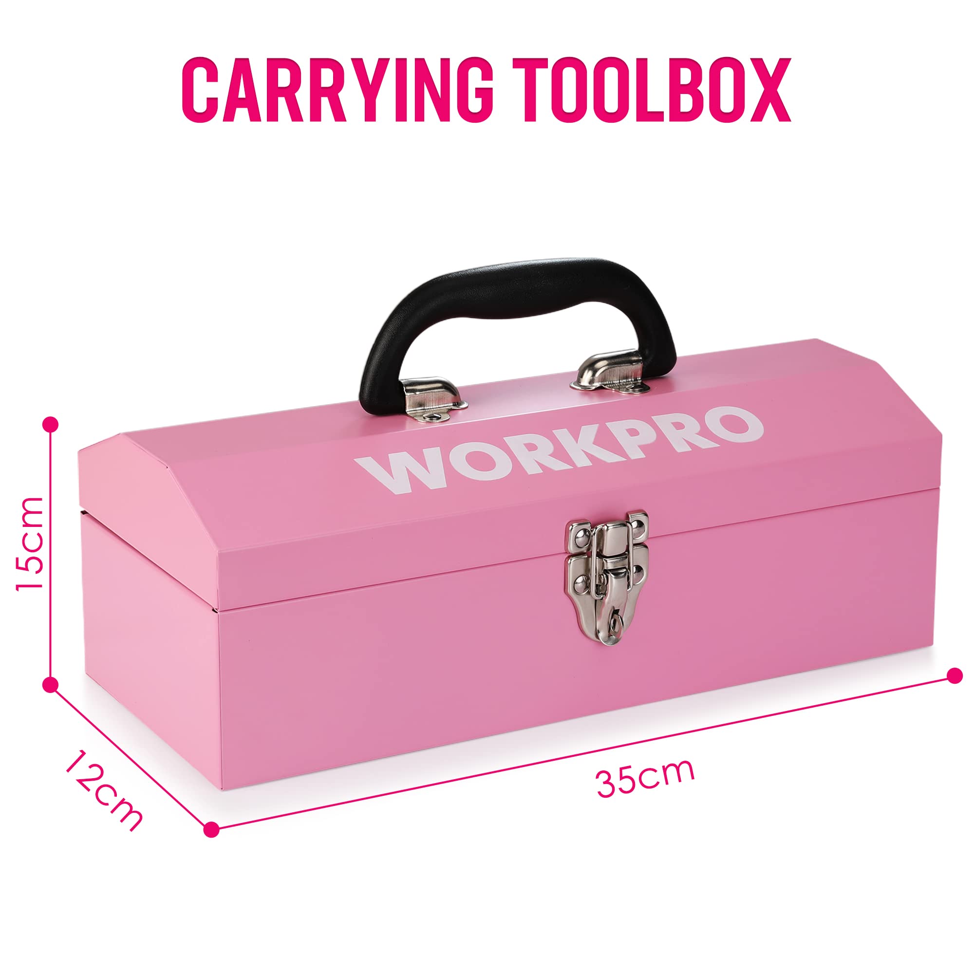 WORKPRO 73 pezzi Set di strumenti con 3.7V Cacciavite a batteria, Set Attrezzi Uso Riparazione e Lavoro con Pinza, Coltello, Cacciavite, Chiavi, Livella in Rosa