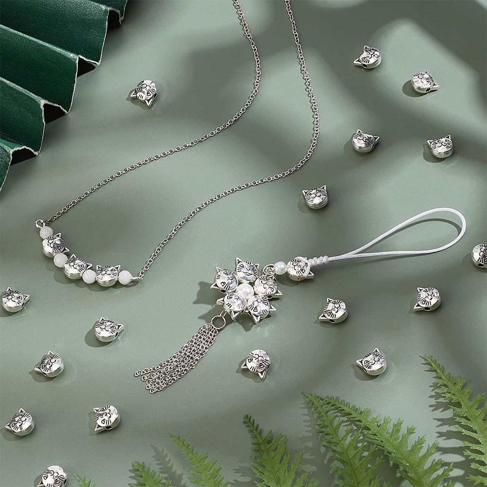 100 cuentas espaciadoras de gato de 0.315 x 0.315 in, aleación tibetana, cuentas de cabeza de gatito, cuentas de cabeza de gato de plata antigua para pulseras, collares, aretes 4