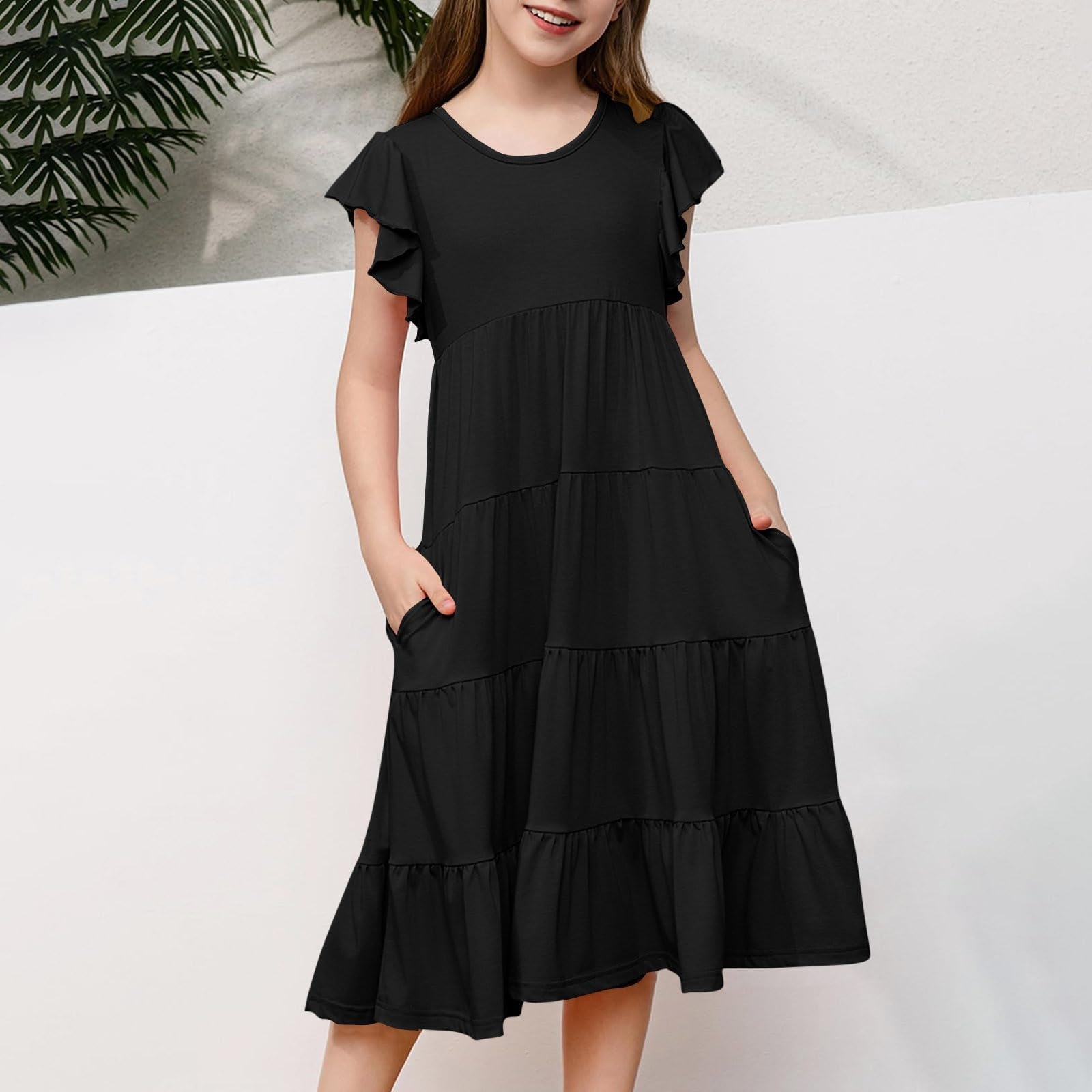 Girls Summer Dresses Flowy A-Line Tiered Ruffle Boho Casual Midi Dress with Flutter Sleeves for Kids (Black, 6-7 Years)