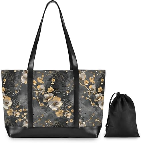 Miniatura 2 de Fondo gris y negro con flores doradas on It bolso de hombro para portátil de moda con cremallera bolsa de 14 pulgadas para viajes piscina natación