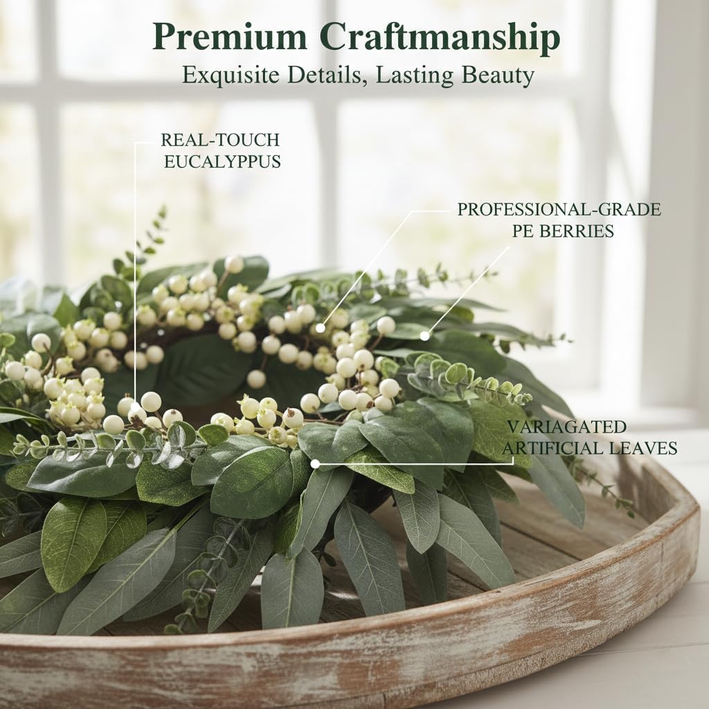 24 Inch Spring Wreaths for Front Door, Artificial Eucalyptus Greenery Wreath with White Berries, Large Farmhouse Door Wreath for Summer Year-Round Outdoor Indoor Wall Decor