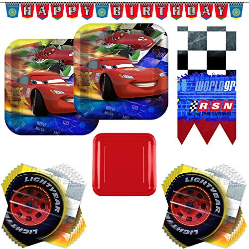 Cars Lightning McQueen Party Supply Bundle - Serves 16 Guests - With Plates, Napkins, Table Cover, Happy Birthday Banner